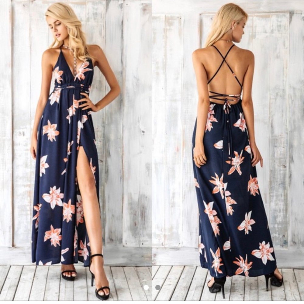 Brand New Navy & Pink Floral Maxi Dress